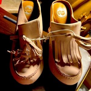 Anthro Lucky Penny Towering Tassel pink Mules